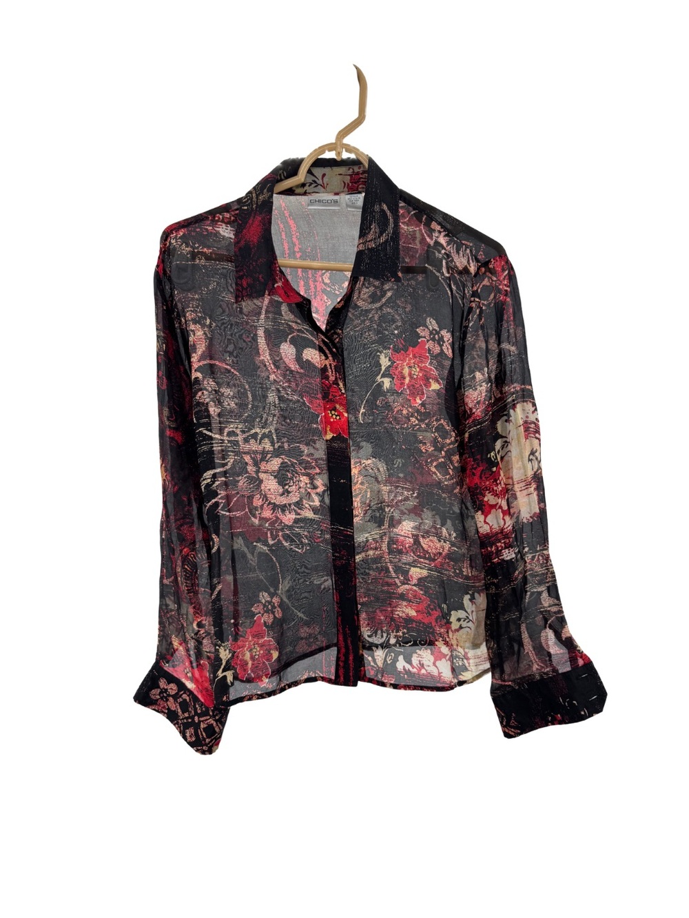 Chico's 100% silk Black Sheer Button up top Red Floral Cream Accents casual work